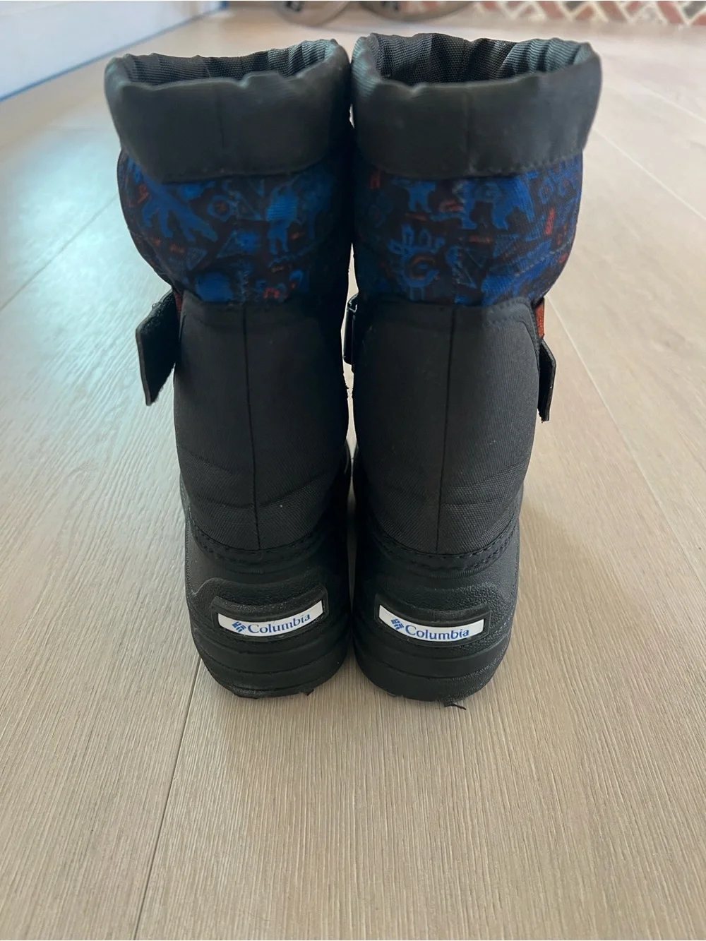 Columbia Kids Black and Blue Snow Boots with Orange Drawcords